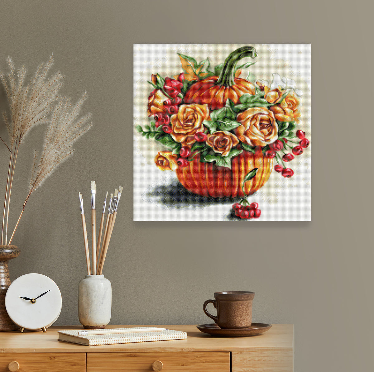 Diamond Painting Kürbis mit Blumen und Beeren  als dekoratives Herbstbild