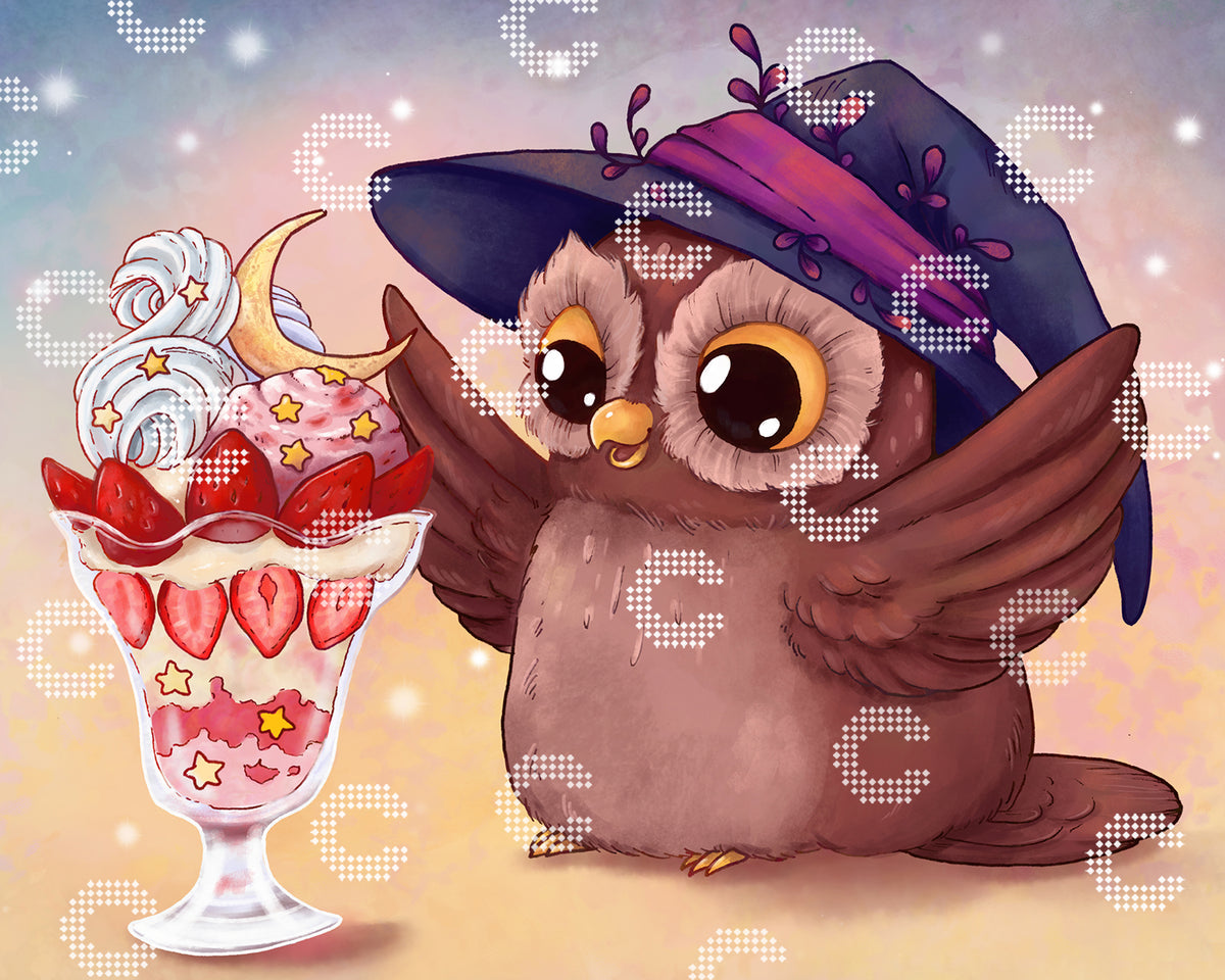 Diamond Painting Original-Kunstwerk  einer kleinen Zaubereule mit Erdbeer Eisbecher und magischen Fantasy Details