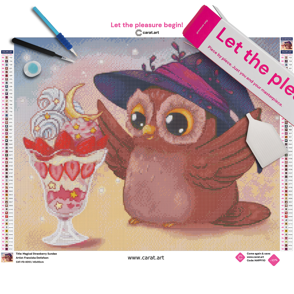 Premium Diamond Painting Set Zaubereule mit Eisbecher Motiv, Leinwand und hochwertigem Zubehör