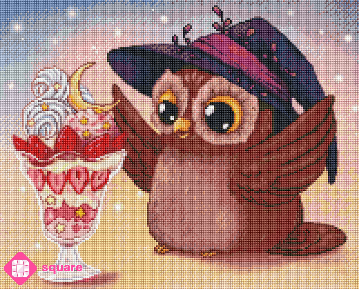 Diamond Painting Vorschau Zaubereule mit Erdbeer Sundae in funkelnder Steinoptik