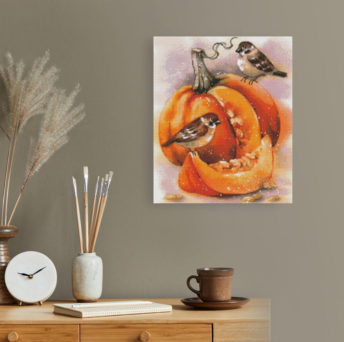 Diamond Painting Kürbis und Spatzen Bild als herbstliche Dekoration im Zuhause