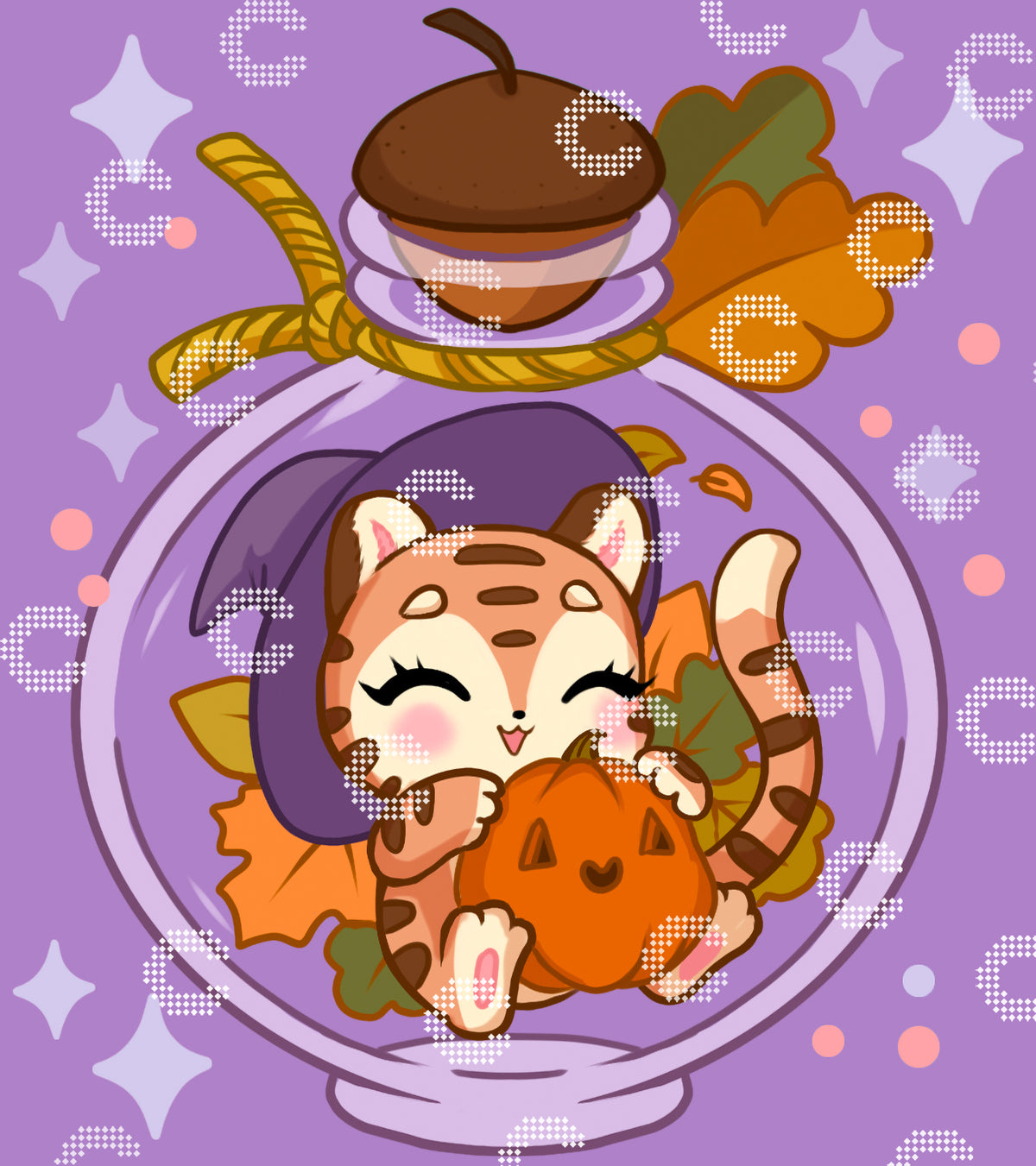 Diamond Painting Original-Motiv eines kleinen Tigers in einem Fläschchen mit Kürbis und Herbstlaub im Fantasy Design