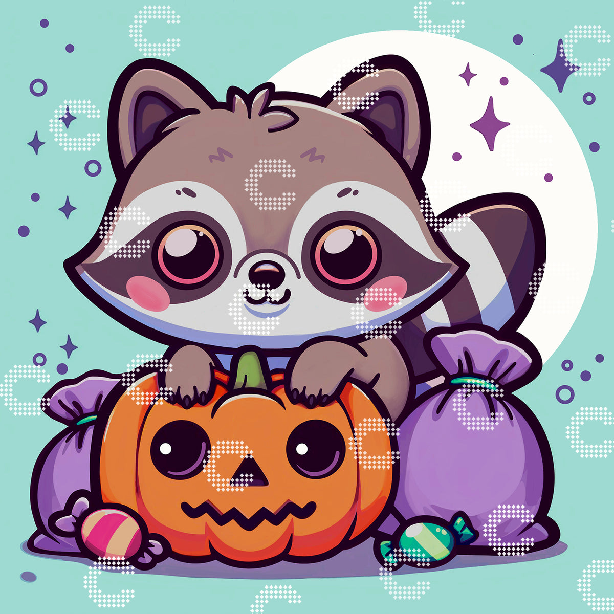 Diamond Painting Original-Motiv eines niedlichen Waschbär mit geschnitztem Kürbis und Halloween Leckereien